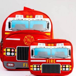 Red bus lunch and backpack