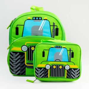 Green bus lunch and backpack